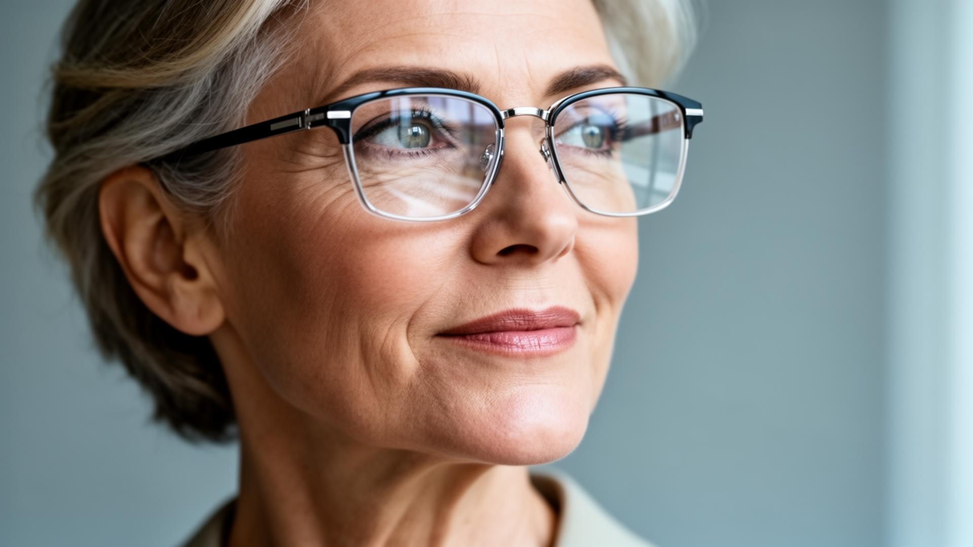 Frau mittleren Alters trägt selbstbewusst ihre neue Gleitsichtbrille